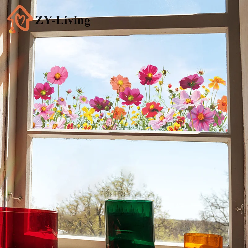 Beautiful Colorful Flowers Wall Stickers Glass Windows Decor Mural Room Window Home Decoration Self-adhesive Decals