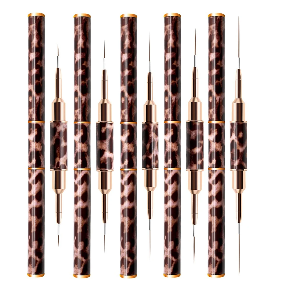 5Pcs Leopard Liner Brush for Nails Double-Ended Nail Art Liner Brush 5 Length Size Metal Handle Professional Nail Design Brush