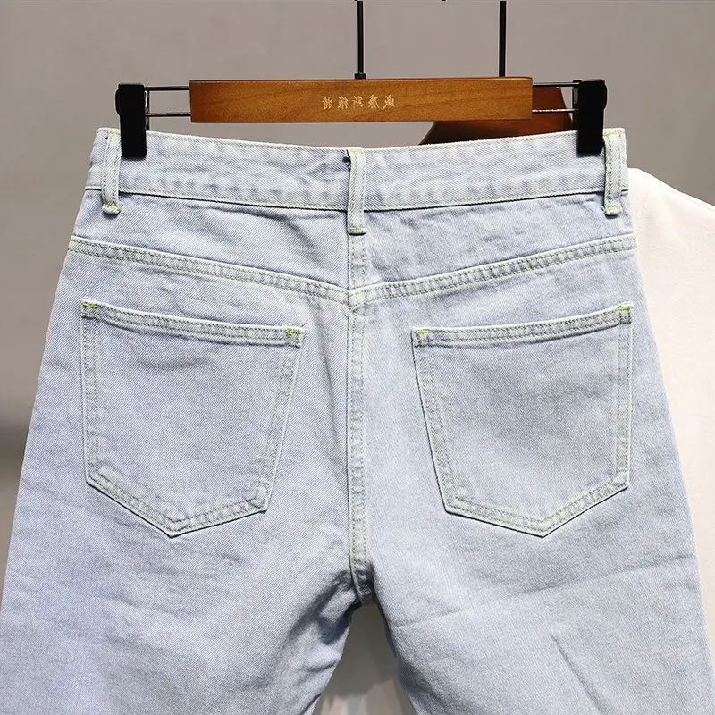Man Luxury Clothing Shorts Men's Summer Half Pants Korean Youth Light Blue Rough-edged Jeans Trendy Small Feet Medium Pants