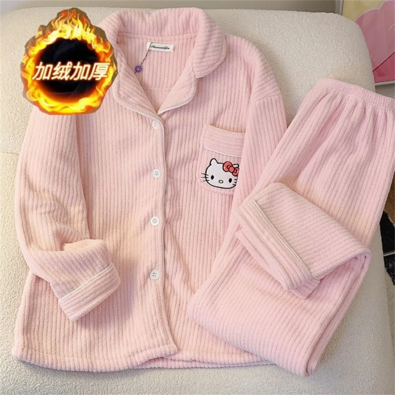 

Розовые мягкие пижамы Hello Kitty для девочек, осенне-зимние коралловые бархатные брюки с длинными рукавами, милый студенческий фланелевой комплект домашней одежды с лацканами