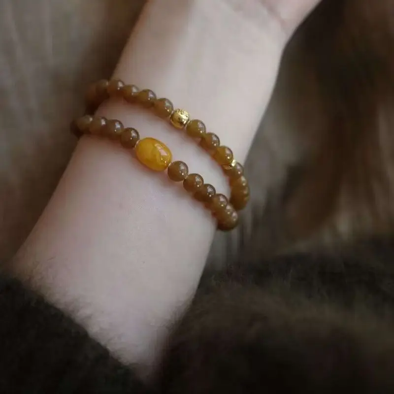 Sugar Caramel Color Natural Beads Handmade Beads Backflow Old Wax Bracelet Double Circle Stacked Bracelet for Women