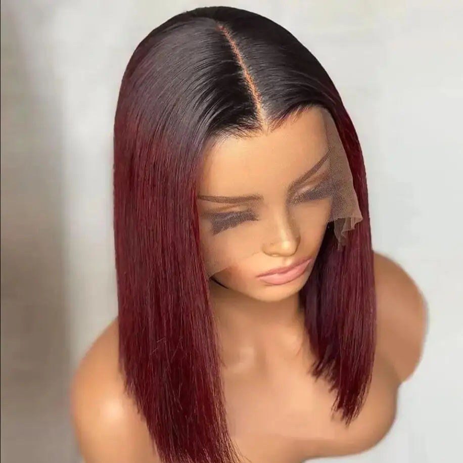 

Soft Ombre Burgundy Short Cut Bob Silky Straight 99j Lace Front Wigs For Black Women With Baby Hair Wine Red Preplucked Daily