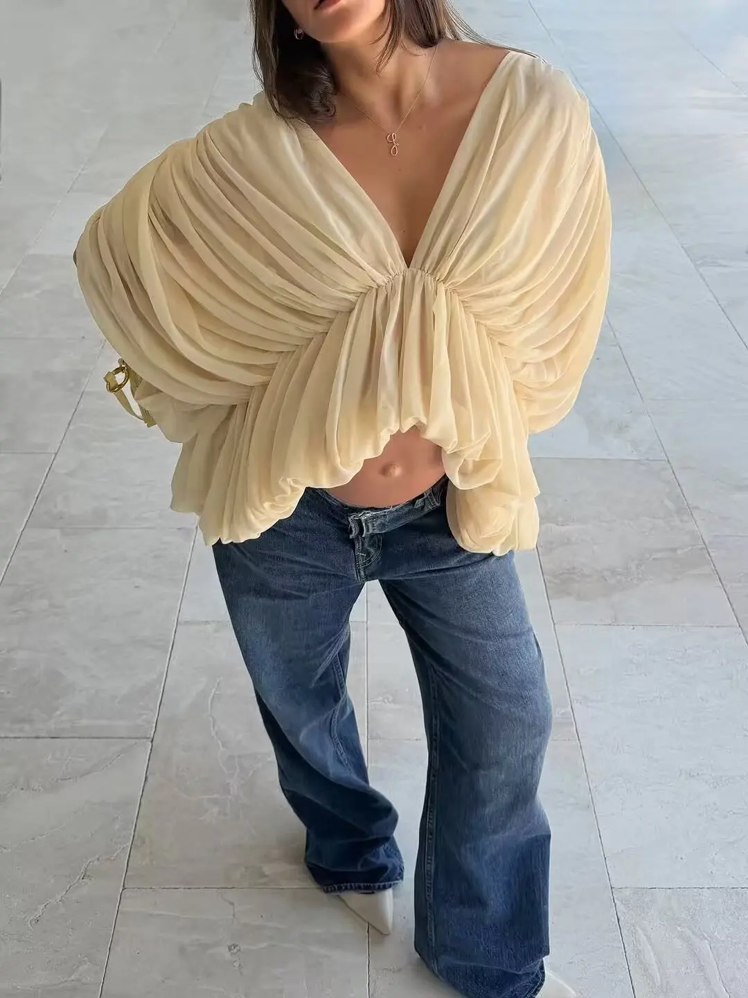 Soft Gentle Fashion Design Unique Simple Style Batwing Sleeve V-Neck Top Women's Skin-Friendly Breathable Seven-Quarter Sleev...