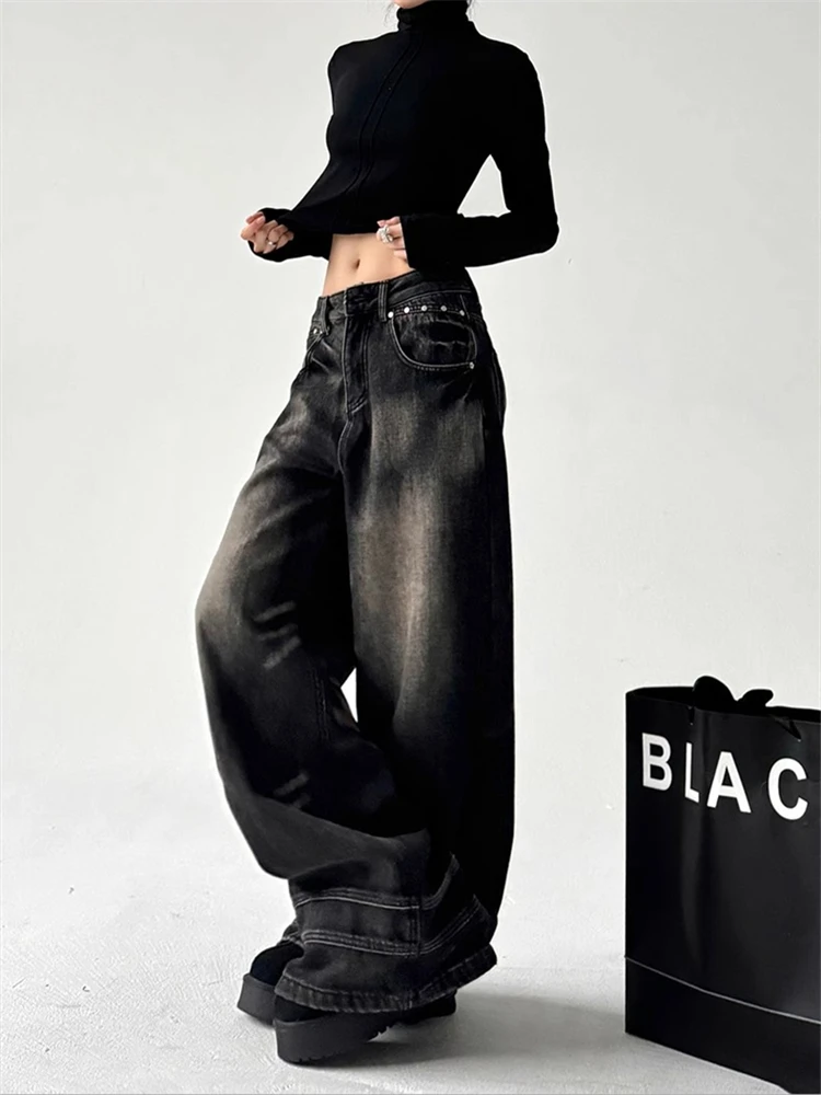 

Women's Vibe Casual Black Jeans Autumn Retro Style Girl Bottoms Straight Trousers Female Wide-leg High Waist Vintage Denim Pants