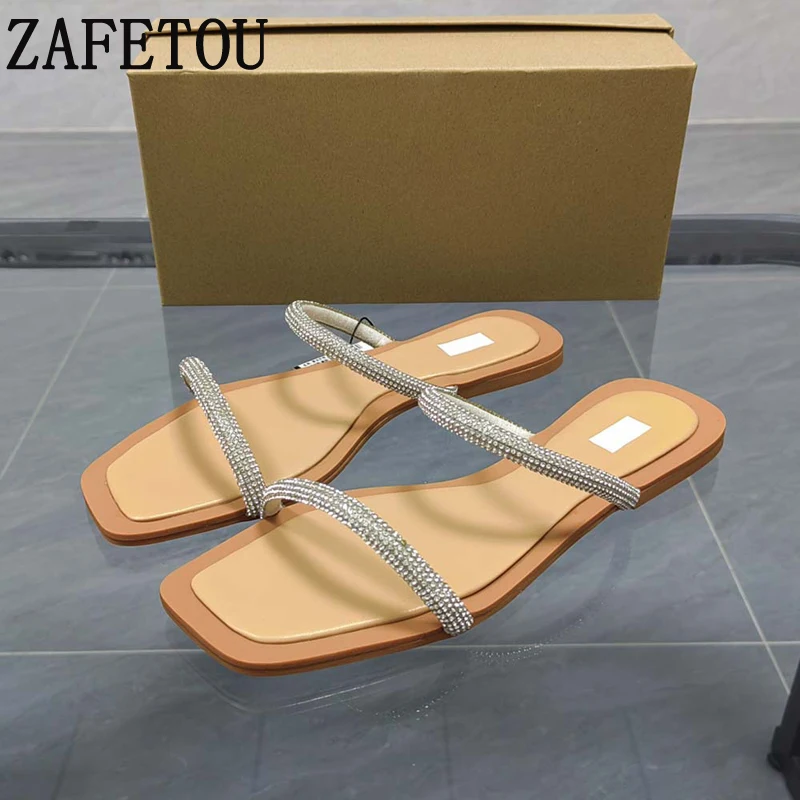 Zafetou Women's Sandals 2024 Trend Summer New Style Elegant Square Head Exposed Toes Rhinestone Flat Bottom Shoes Women