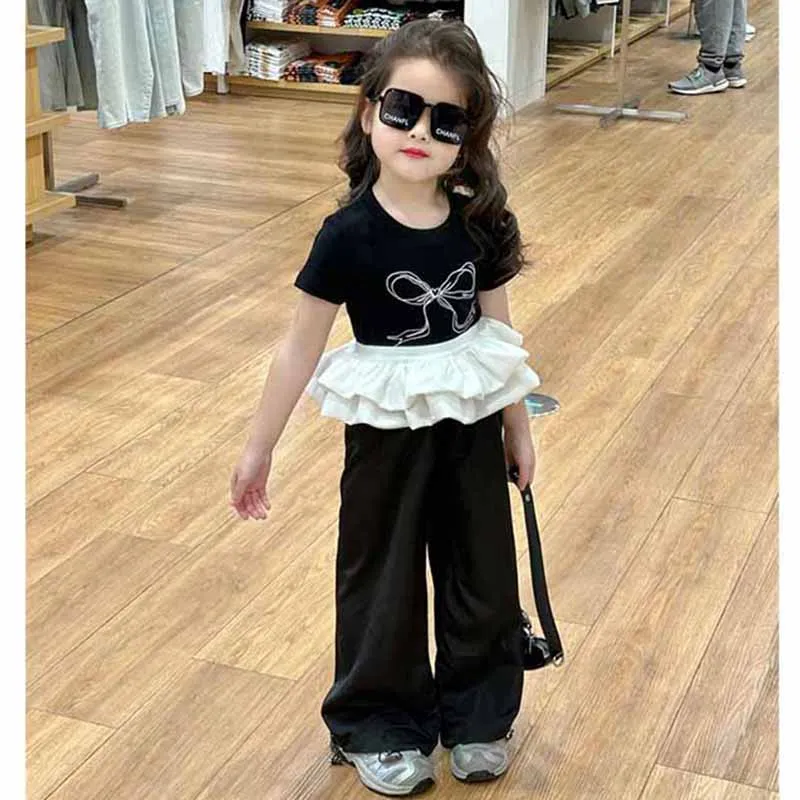 Girls Bow Clothing Sets Children's Fashion Tops Suit Baby Knotbow Short-Sleeve Tops+Pants 2Pcs New Summer Sweet Kids Clothes