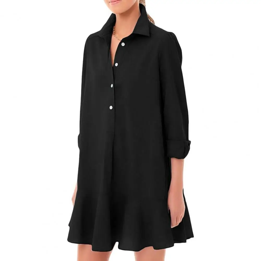 

Women Dress Long Sleeves Half Single-breasted Ruffle Patchwork Hem Loose Lapel Dating Office Wear Summer Mini Dress