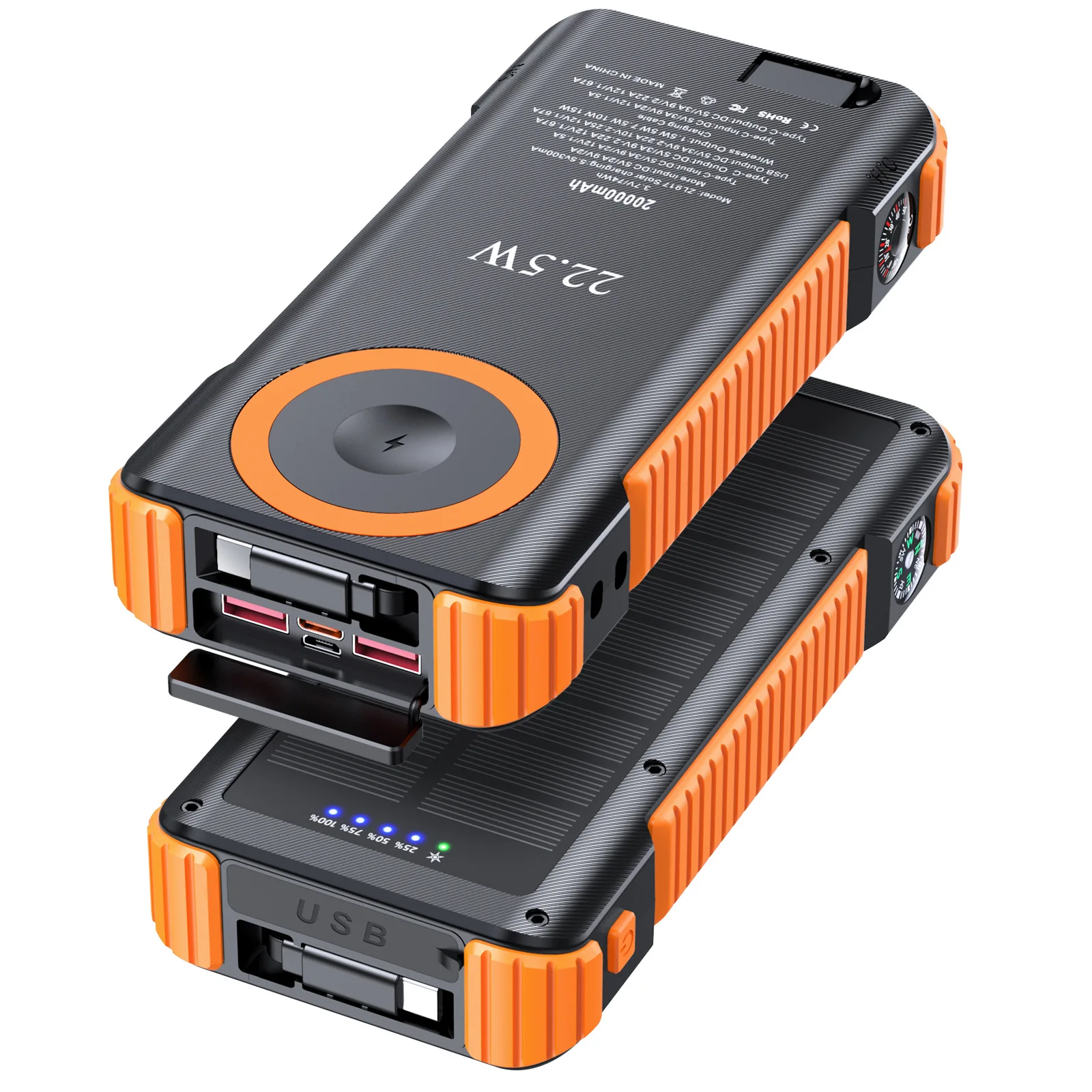 

20000mAh Solar Power Bank with Cables Light Portable Magnetic Wireless 22.5W Fast Charger for iPhone 17 iWatch Airpods Powerbank