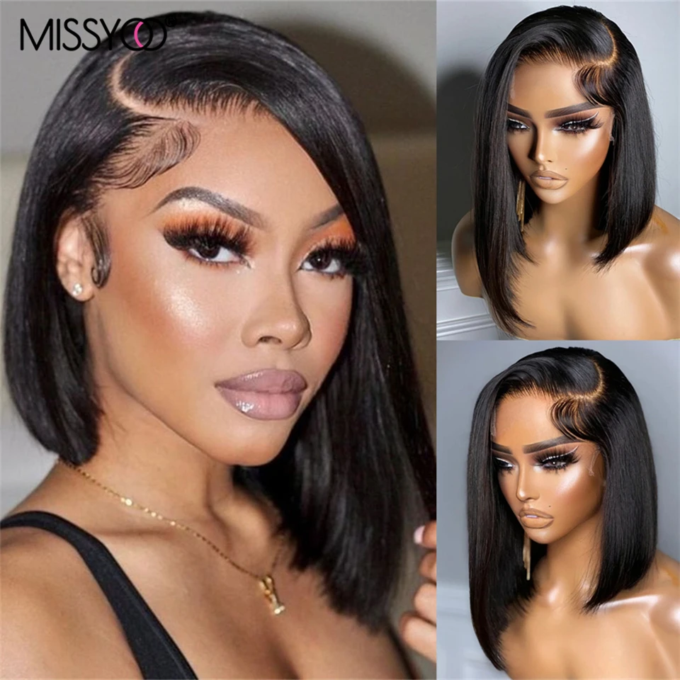 Brazilian Straight Short Bob Human Hair 13x4 Lace Front Wig Pre Plucked Remy Hair HD Transparent Lace Side Part Natural Hairline