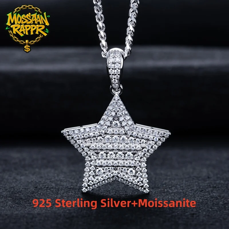 

MossanRappr 1.8cttw Moissanite Iced Out Lucky Star Pendant Hip Hop Necklace 925 Sterling Silver Punk Rock Jewelry Gifts for Men