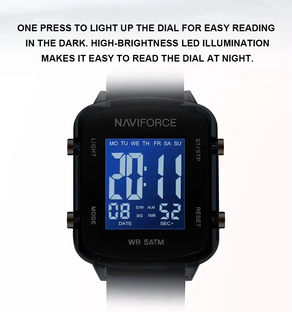 NAVIFORCE NF7120 ساعة رياضية مقاومة للماء للنساء شاشة LCD بحزام سيليكون للسيدات ساعات إلكترونية مربعة بسيطة