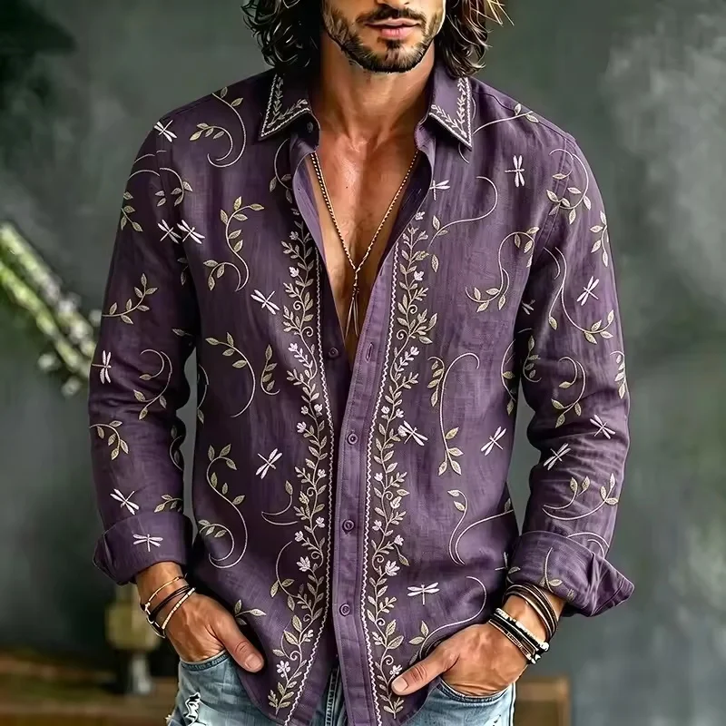 New Men's Beige Floral Bird Shirt, Chinese Zen Art Style, Daily Casual & Resort Wear, Loose Fit Shirt
