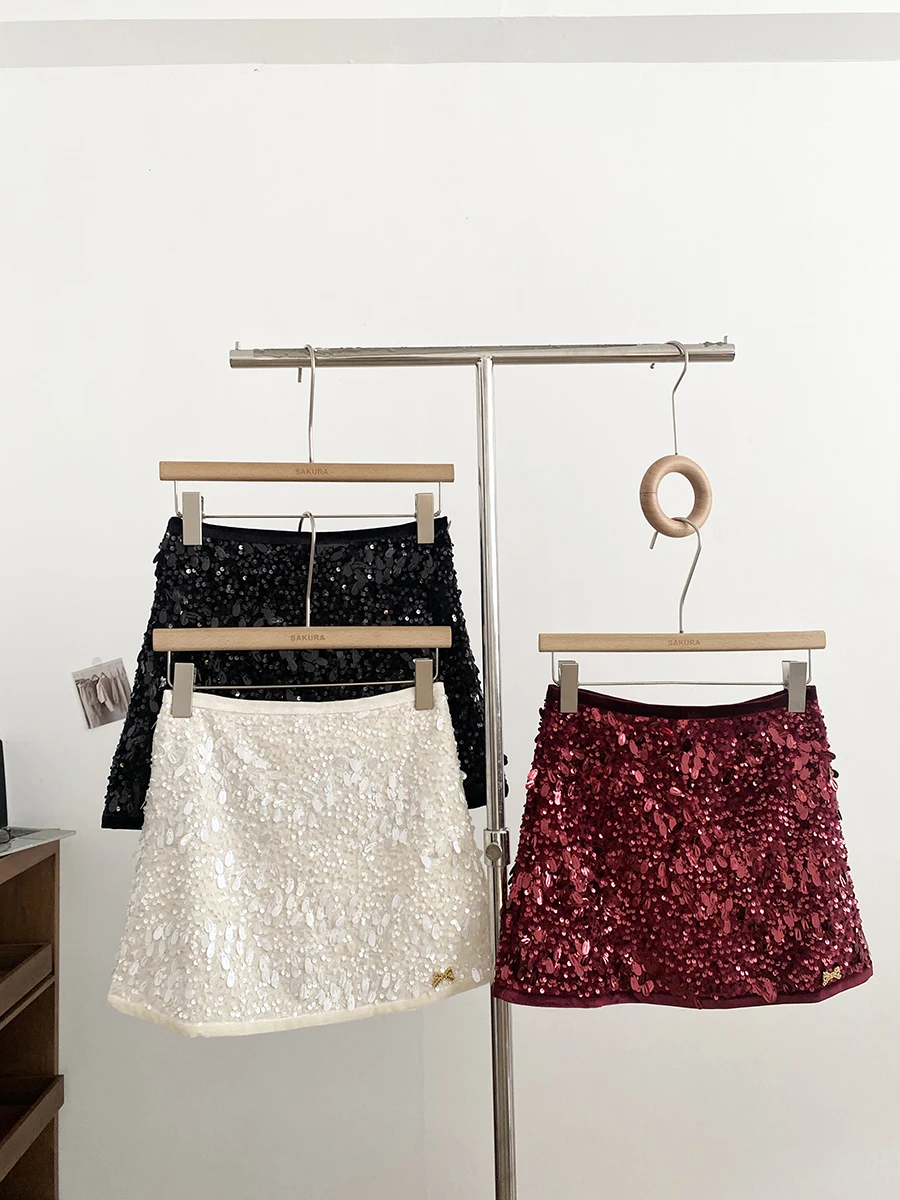 Spring 2026 Retro Heavy Embellished Glitter Half Skirt Women's Slim Fit A-Line Skirt Commute High Waist Polyester Fiber