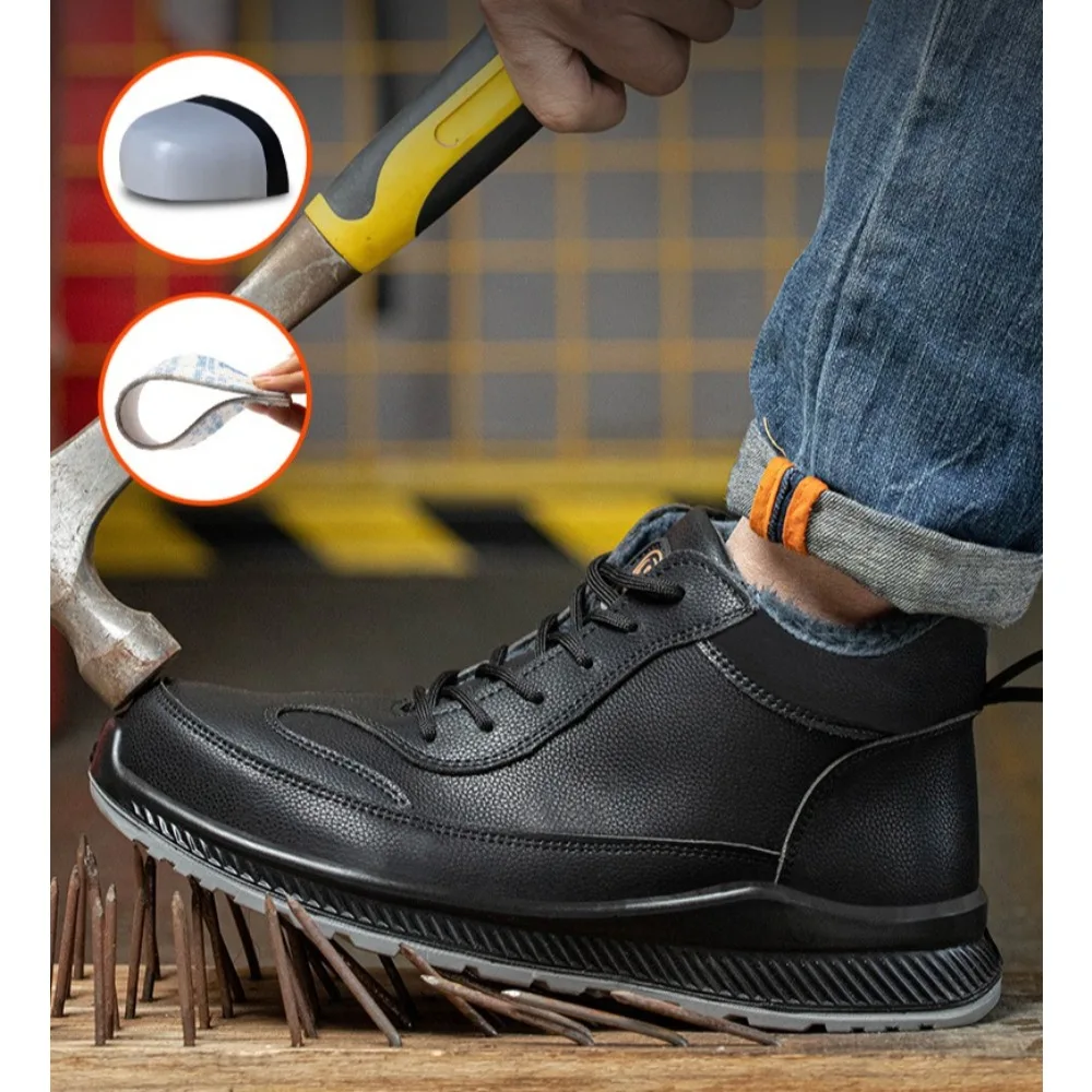 أحذية حماية العمل القطيفة لأحذية العمل الشتوية للرجال مضادة للتحطيم ومضادة للثقب من الجلد المصنوع من الألياف الدقيقة