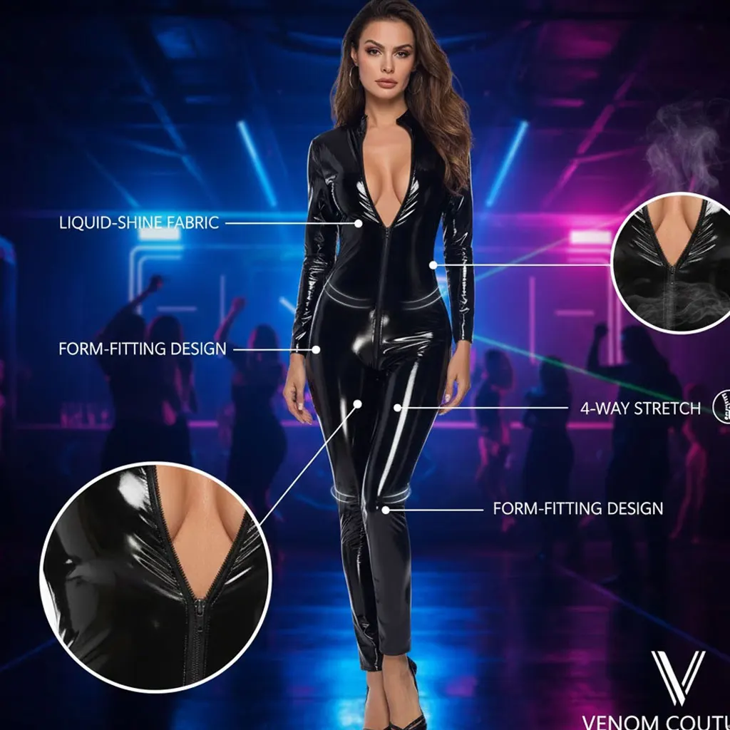 

Женский латексный комбинезон из искусственной кожи из ПВХ, эластичный комбинезон с молнией спереди и открытой промежностью, эротический костюм