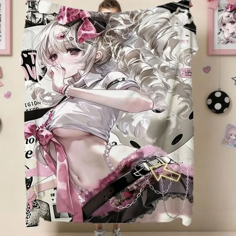 VIKAMA Anime Girl Throw Blanket with Pink Black Magazine Collage Art Print Cozy Cartoon Couch Blanket Gift for Manga Lovers