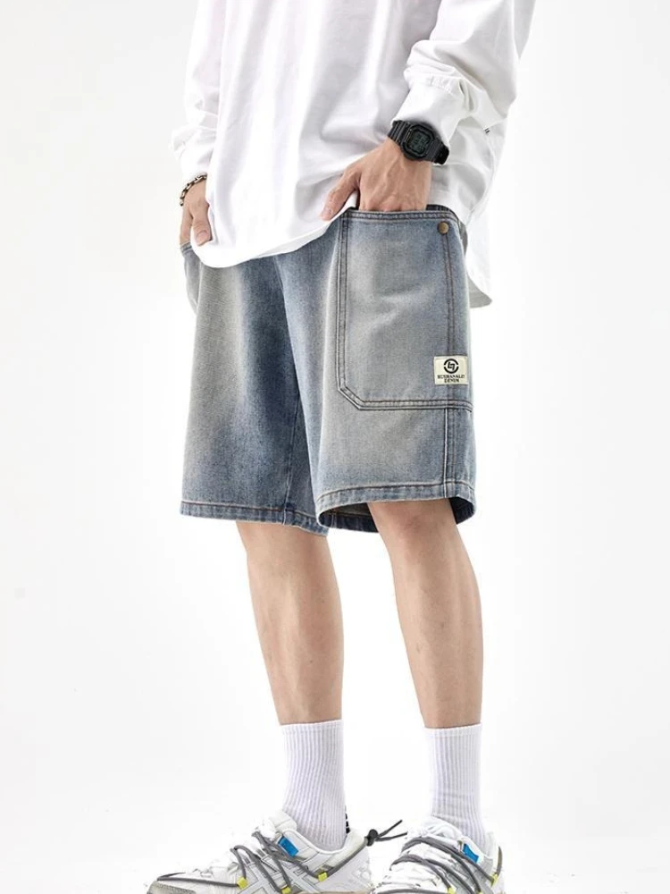 

Men's Short Jeans Pants with Pockets Straight Cargo Male Denim Shorts Loose Retro Jorts Buttons New in Emo Designer Summer Thin