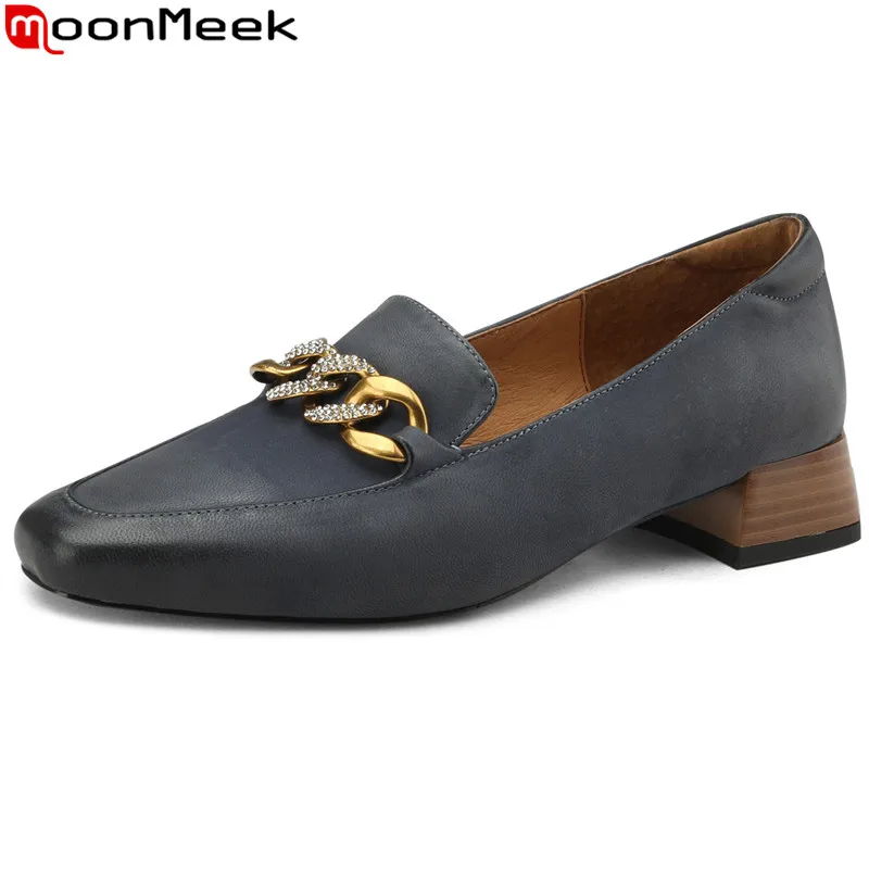 

MoonMeek 2023 New Retro Ladies Square Med Heels Pumps Loafers Sheepskin Single Shoes Slip On Square Toe Dress Shoes