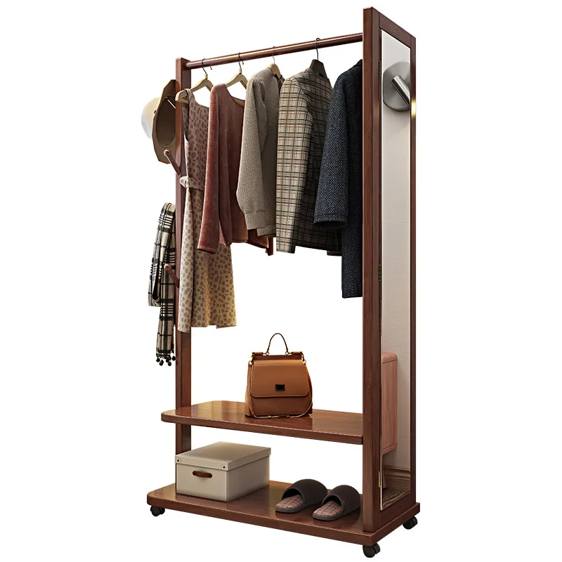 

Solid wood coat rack with mirror floor to ceiling bedroom living room mobile full-length mirror clothes rack