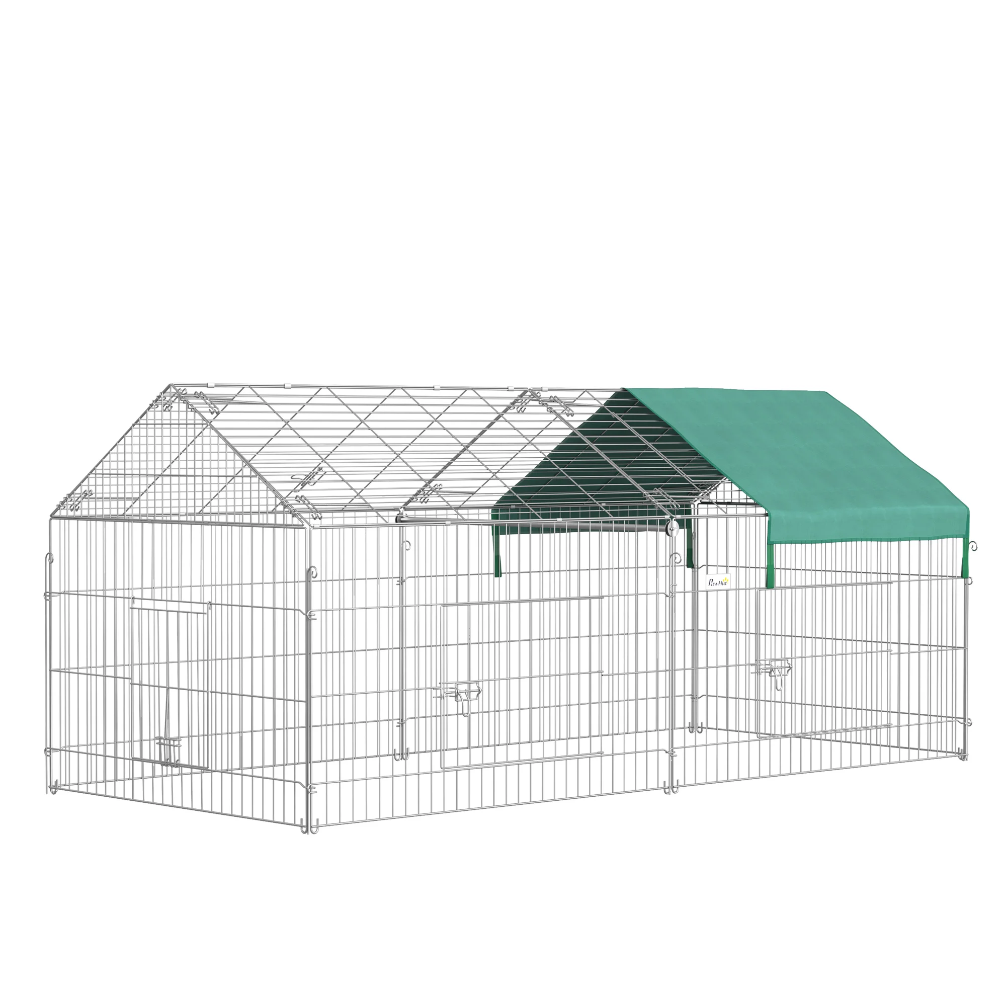 PawHut cage small animal enclosure 220x103x103 cm rabbit cage with 2 doors and sun protection outdoor garden Patio silver and green