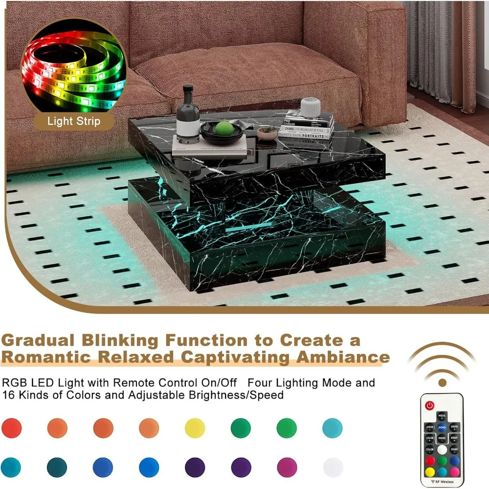 Black Marble Effect LED Coffee Table with 2 Layers of Storage Space, Modern Square Glossy Center Table, Wooden 20 Color Lighting