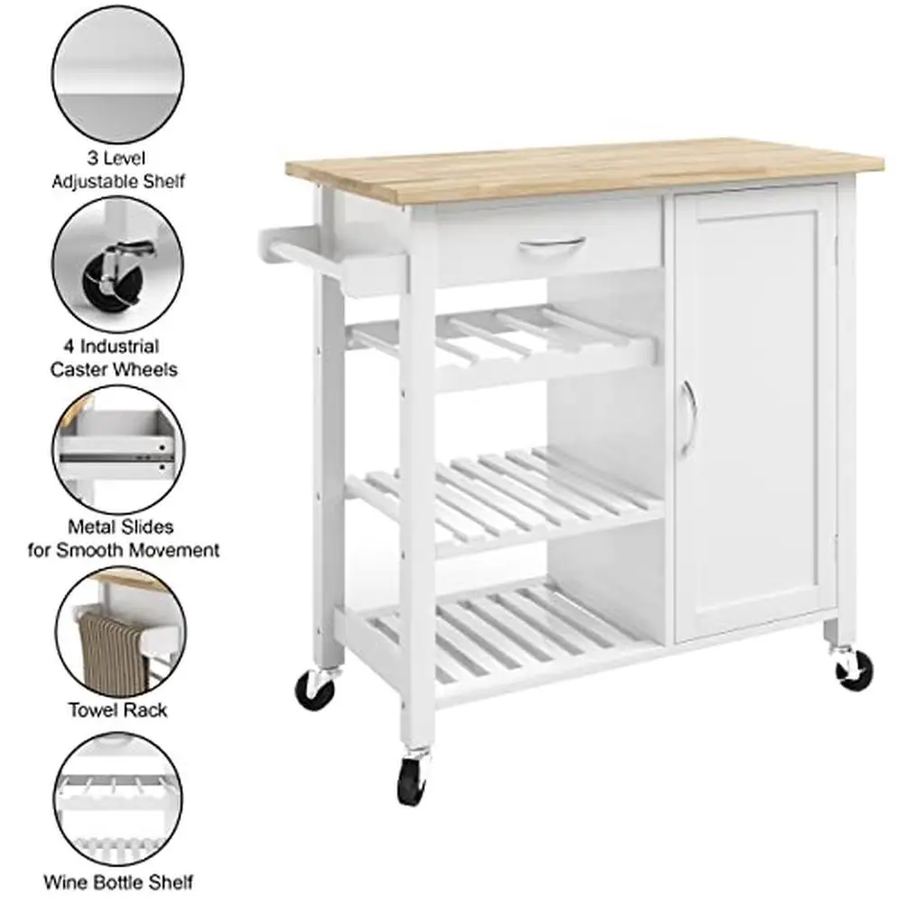 Kitchen Rolling Cart with Wine Rack Towel Bar Storage Shelves White Farmhouse Style Mobile Island Coffee Bar Microwave Stand