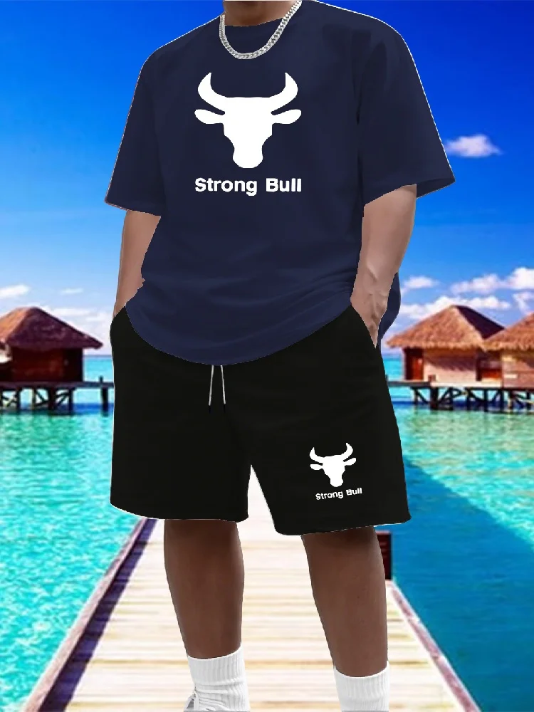 

Men's Fashion 2 Piece Tracksuit Bull Head Logo Print Short Sleeve T-Shirt + Drawstring Shorts, Summer Hip Hop Streetwear Outfits