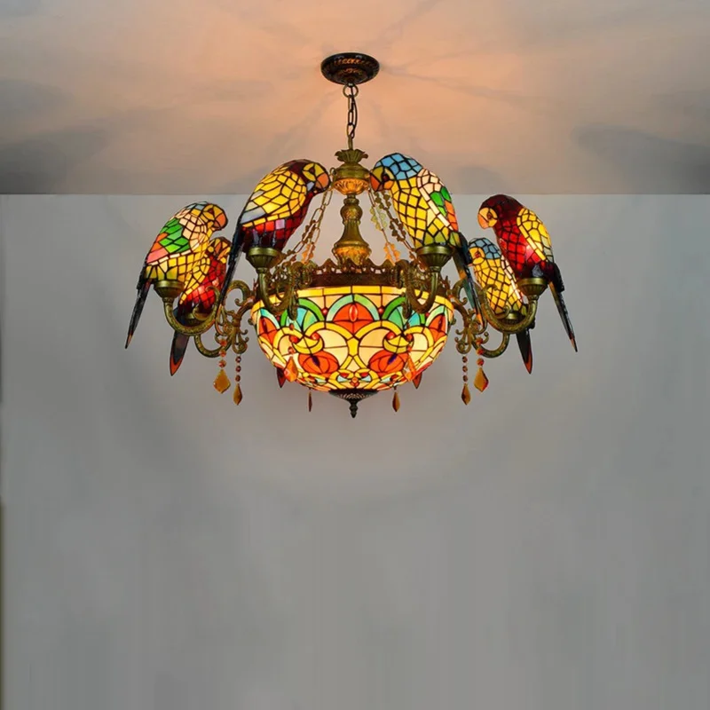 Art Deco Tiffany Parrot Designer Lustre Chandelier Lighting Suspension Luminaire Lampen For Dinning Room