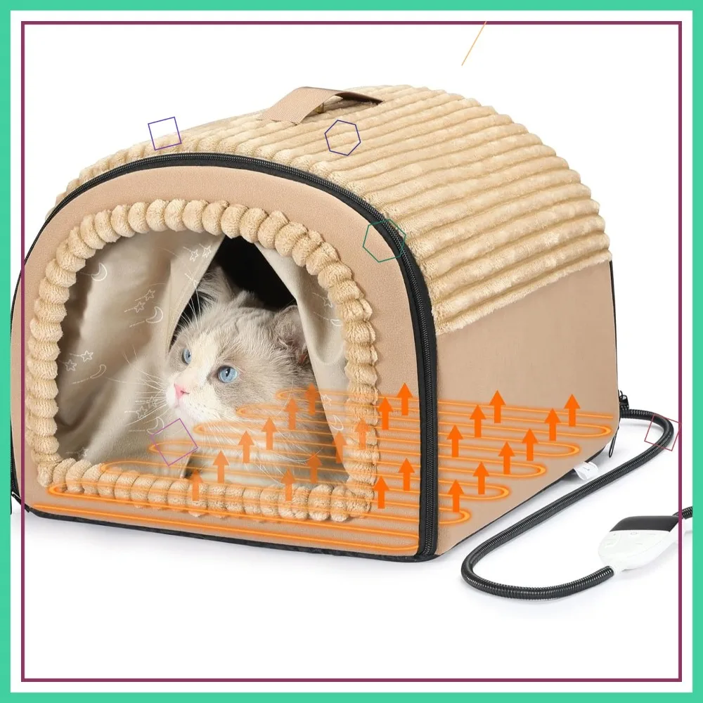Heated Cat Bed Cave for Indoor Cats & Small Dogs, Washable & Foldable with Removable Cushion, 17.72x14.96x12.6 in, Brown