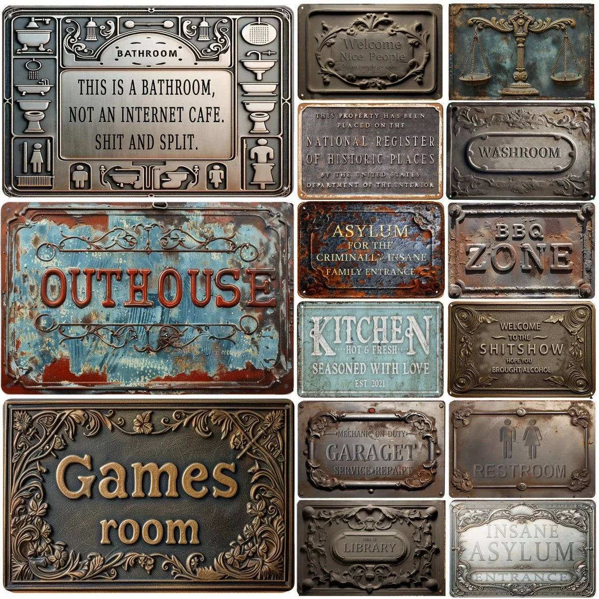 Vintage BBQ Zone Toilet Bathroom Plaque Metal Aluminum Signs Decorative Plates for Club Man Cave Bar Pub Hotel Cafe Wall Decor
