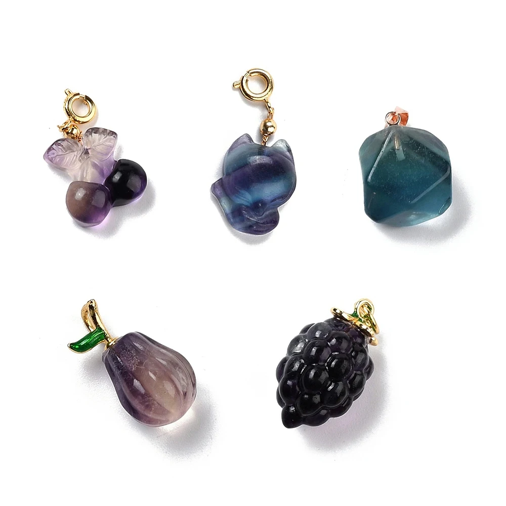 5pcs Grape Natural Fluorite Carved Pendant Cherry Fruit Fox Animal Charms with Loop for Autumn Theme Dangle DIY Jewelry Making