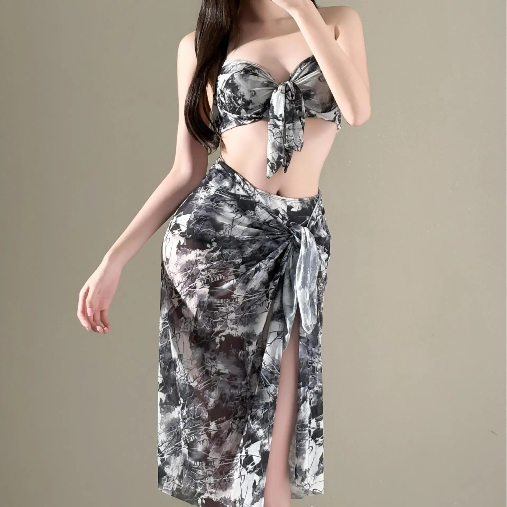 

New Spice Girls Sexy Tie-dye Steel Tray Gathers High Waist Belly Gauze Skirt Split Swimsuit Women's Bikini Bikini Set Swimwear