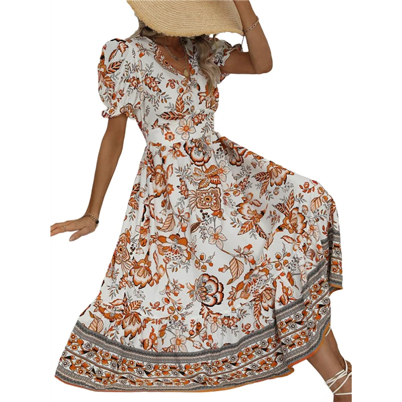 Robe longue et fluide pour femmes, manches bouffantes, style Boho, imprimé Floral, décontractée, été 2025