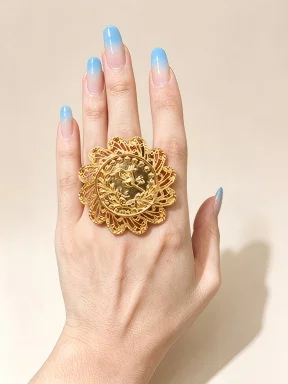 Gold Hollow Flower Coin Statement Ring, Vintage Ethnic Big Oversized Adjustable Ring, Moroccan Islamic Wedding Party Finger Jewe