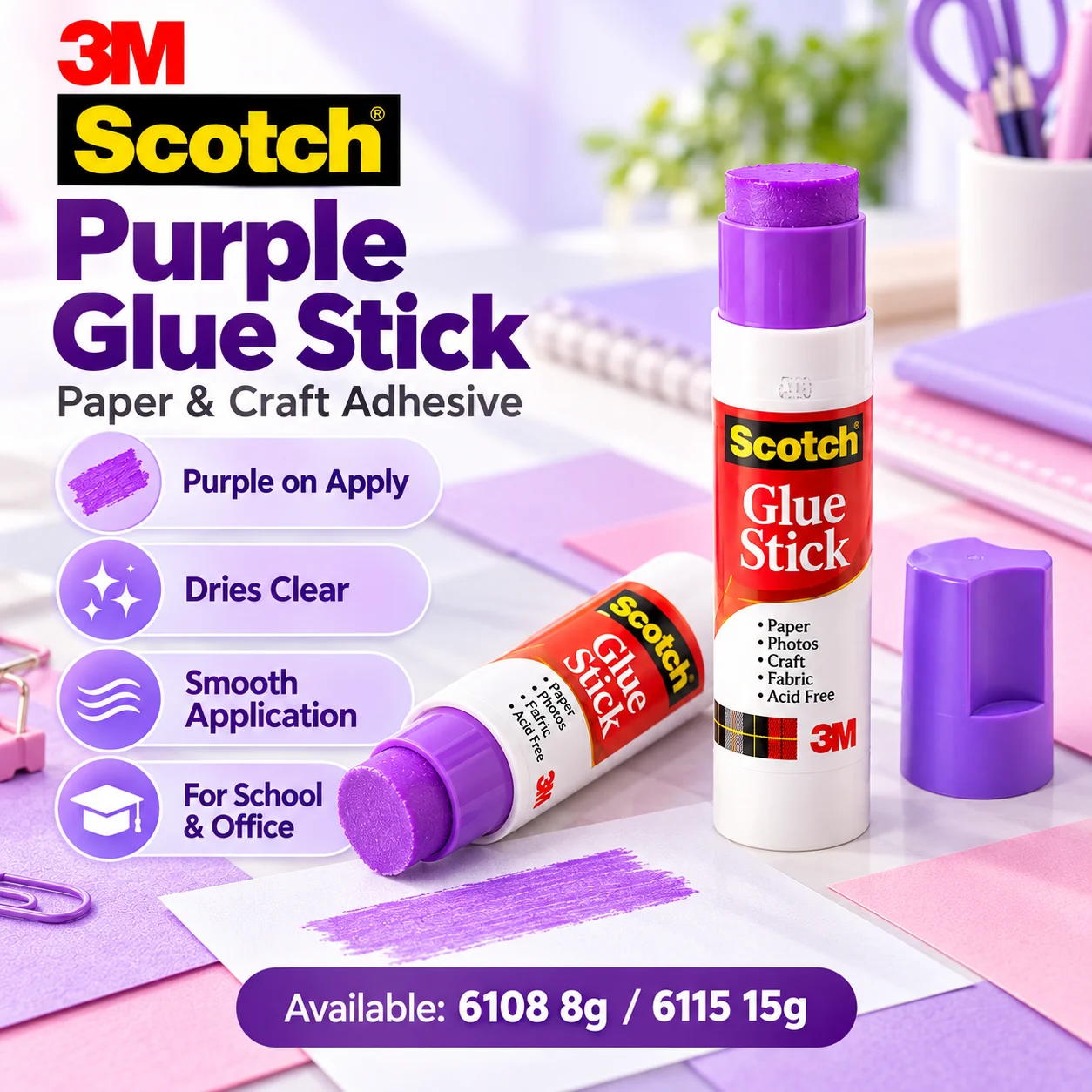 3M Scotch 6108 6115 Purple Glue Stick Permanent Dries Clear Paper Adhesive for School Office DIY Craft Scrapbook 8g 15g