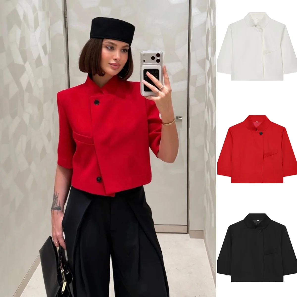 

BSAY 2026 New Summer Women's Stand Collar Half Sleeve Blazer Single Button Cropped Jacket Coat Elegant Black Office Outerwear