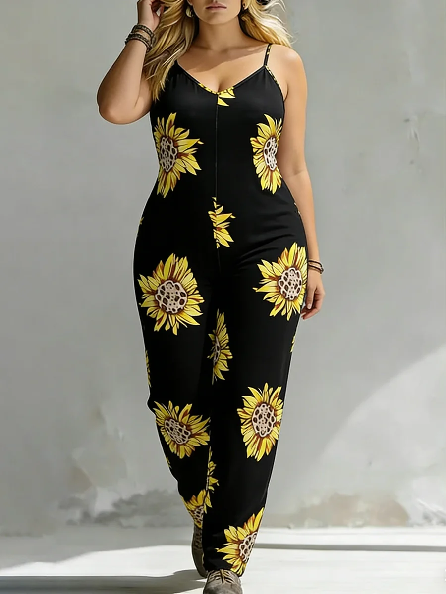 Plus Size Women's Overalls Spaghetti Strap Sunflower Print Wide Leg Boho Trousers Spring Summer Casual Beach Lightweight Outfit image 4