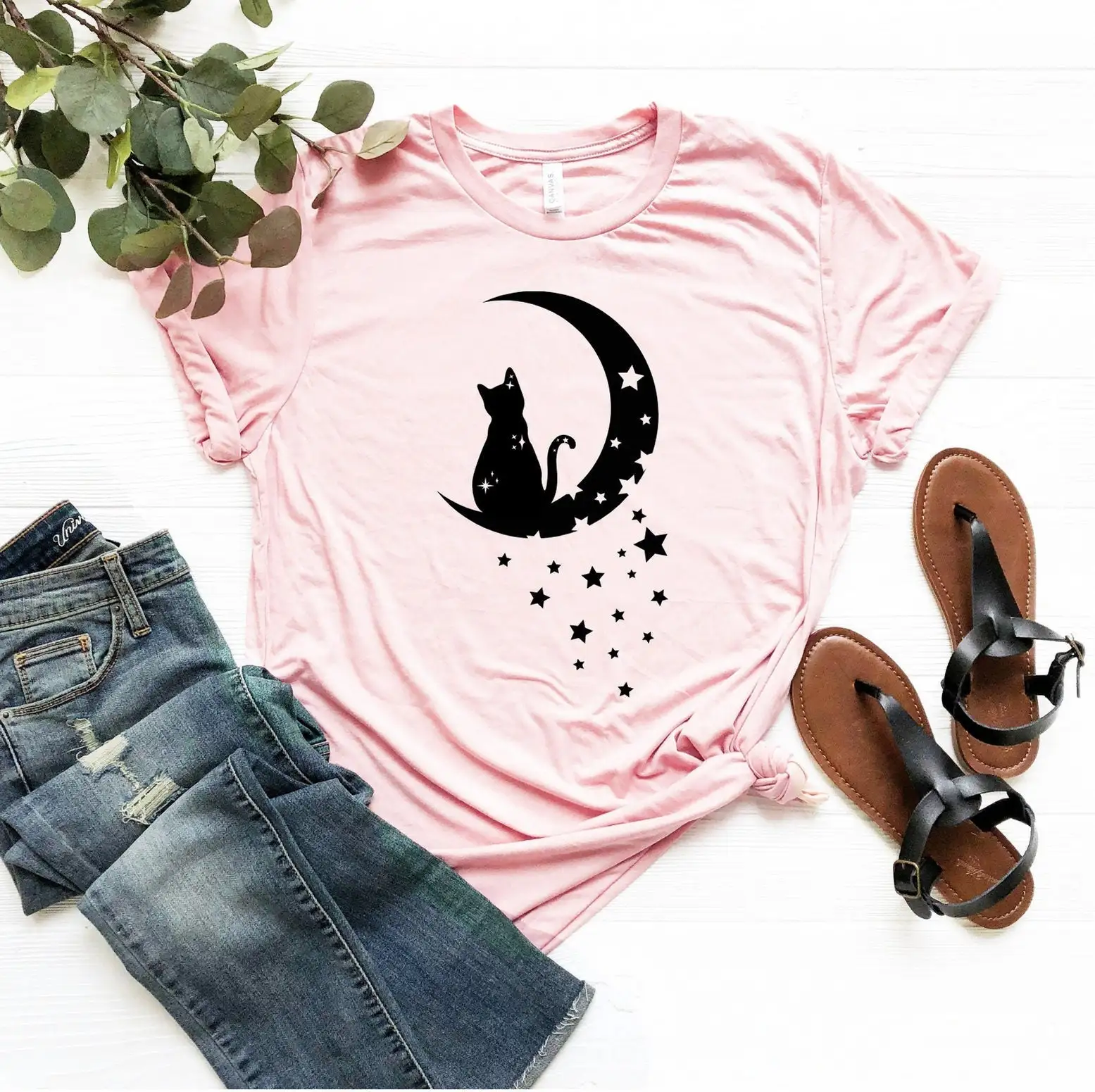 Cat In The Moon T Shirt Ornamental And Stars Decorative Aesthetic Kitten Lover