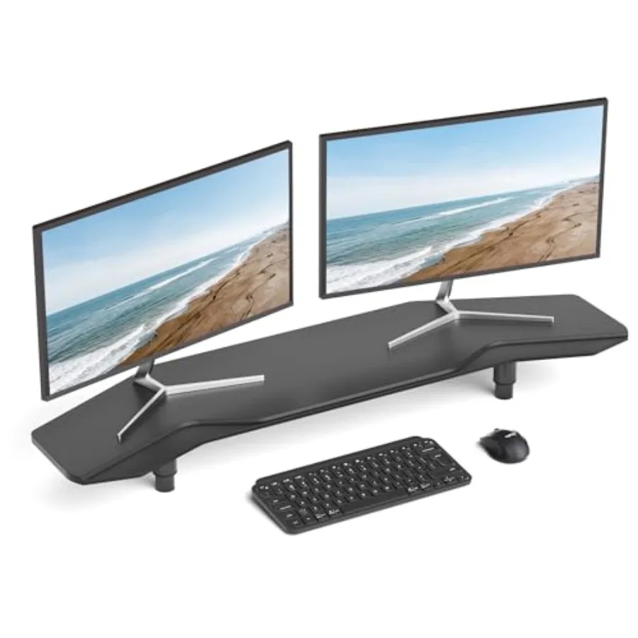 

Dual monitor stand riser for desk use black wood material wing-shaped design adjustable length sturdy support for two monitors