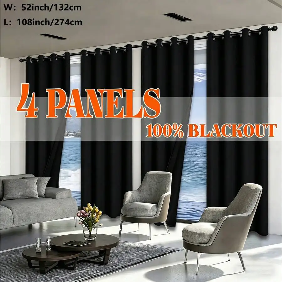 4 Pack Black Grommet Top 100% Full Blackout Window Curtains, Lightweight Fabric With Waterproof Back Coating, Thermal Insulated