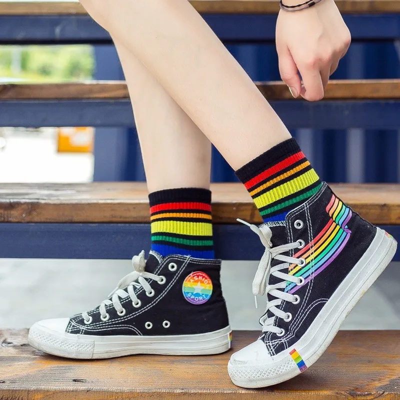 White Black Warm Funny Fashion Kawaii Streetwear Women Socks Candy Rainbow Striped LGBT Cute Short Winter Men Cotton Happy Socks