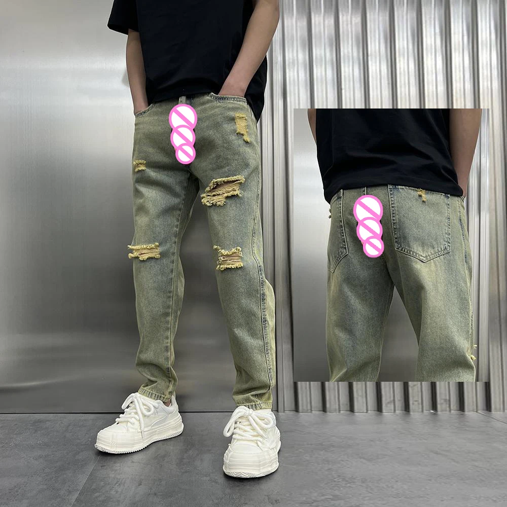 

Streetwear Invisible Open Crotch Outdoor Sex Men's Jeans Ripped Versatile Casual Pants Handsome Vintage Washed Nine Points Pant