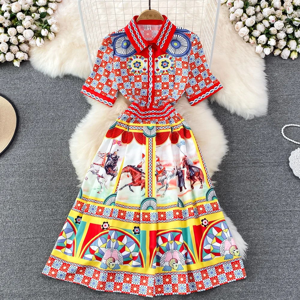 

Summer Fashion women Versatile Waist Cinching Slimming Positioning Printed Short Sleeved Dress Elegant Large Swing Long Dress