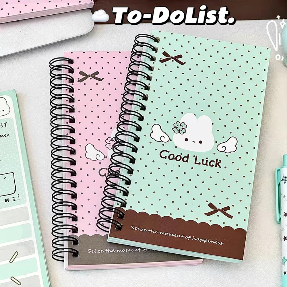 To Do List Coil Plan Book, Cute Rabbit Wave Point, Learning Check in Notebook, Colorful Inner Pages, Memos