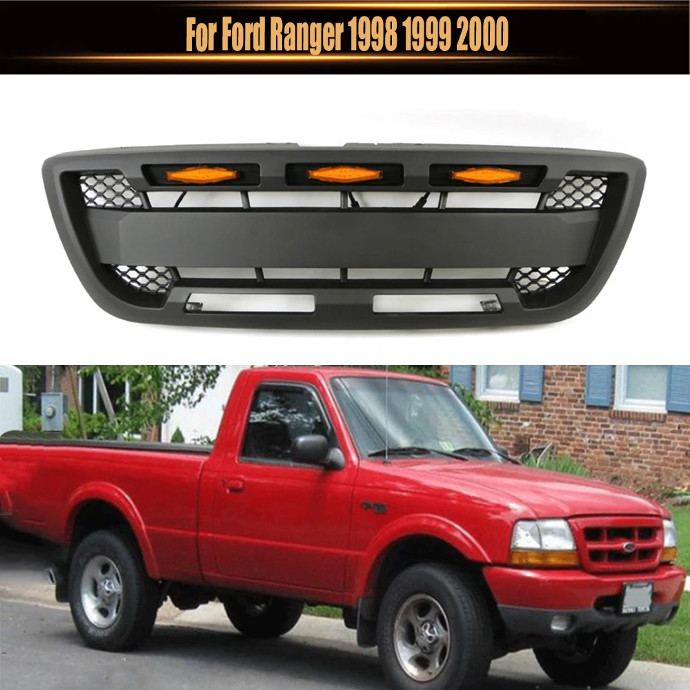 

For Ford Ranger 1998 1999 2000 Car Modified ABS Front Bumper Mask Grille Racing Grill with LED Lights Auto Exterior Parts Black