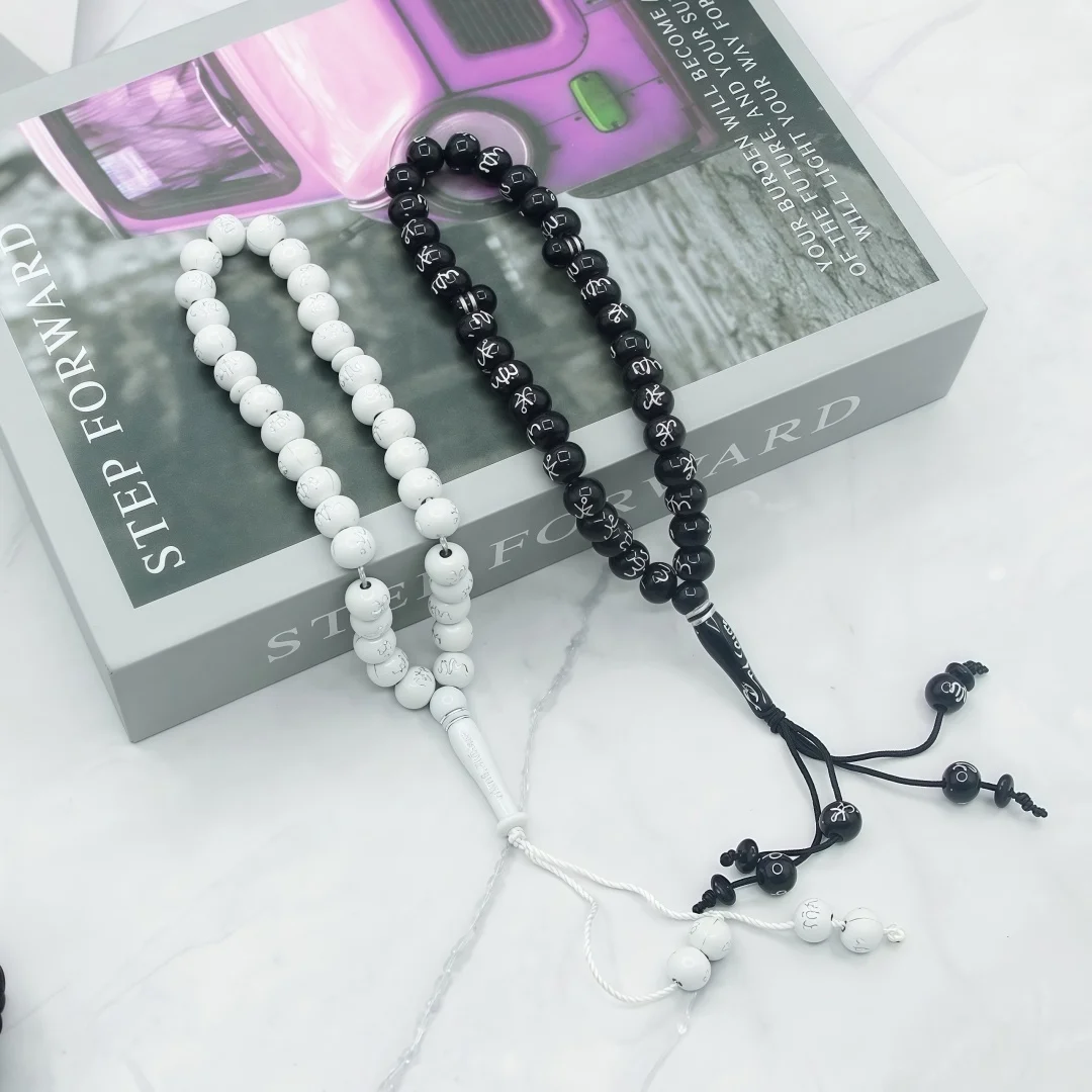 Light luxury gilded resin hand prayer beads, 12mm carved Arabic script, 33 pieces wear-resistant portable prayer beads
