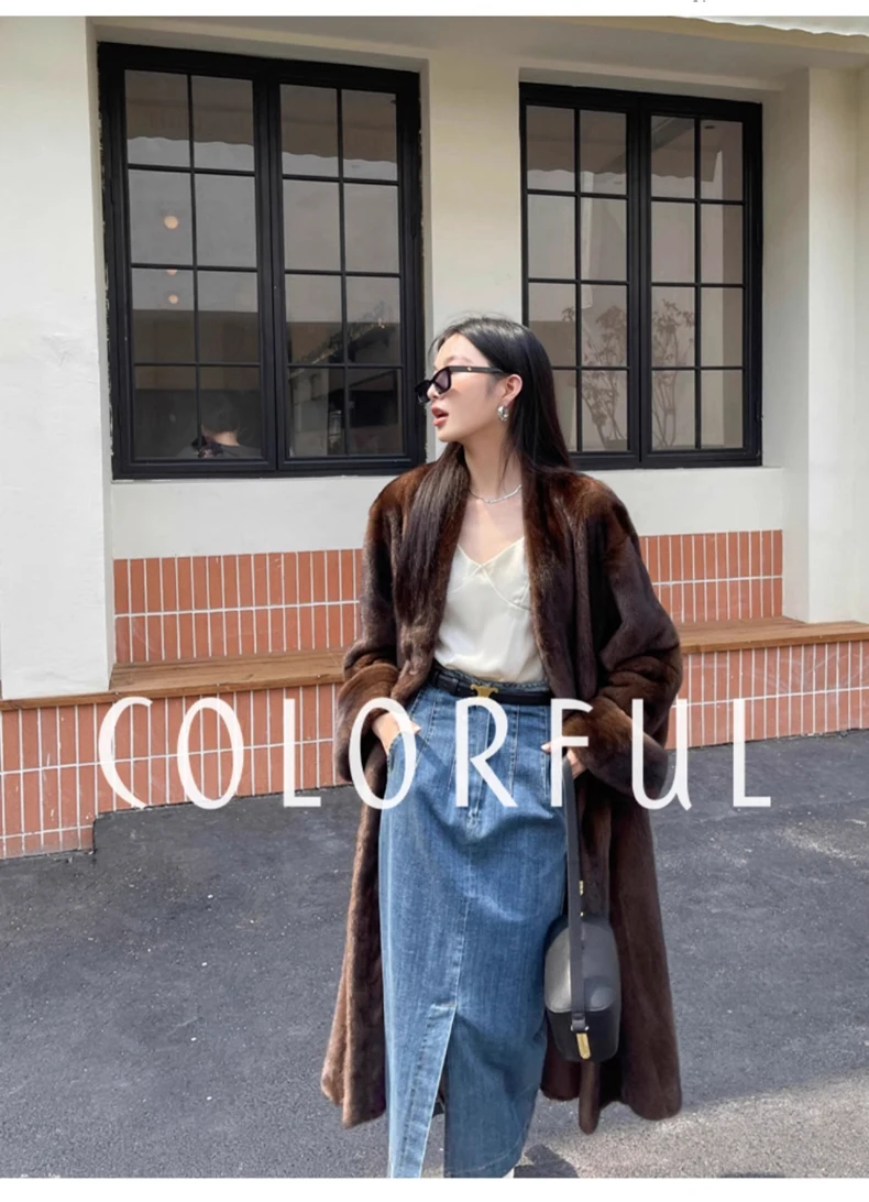 Lautaro Winter Long Vintage Elegant Luxury Chic Thick Warm Soft Brown Fluffy Faux Mink Fur Coat Women V Neck Furry Overcoat 2023