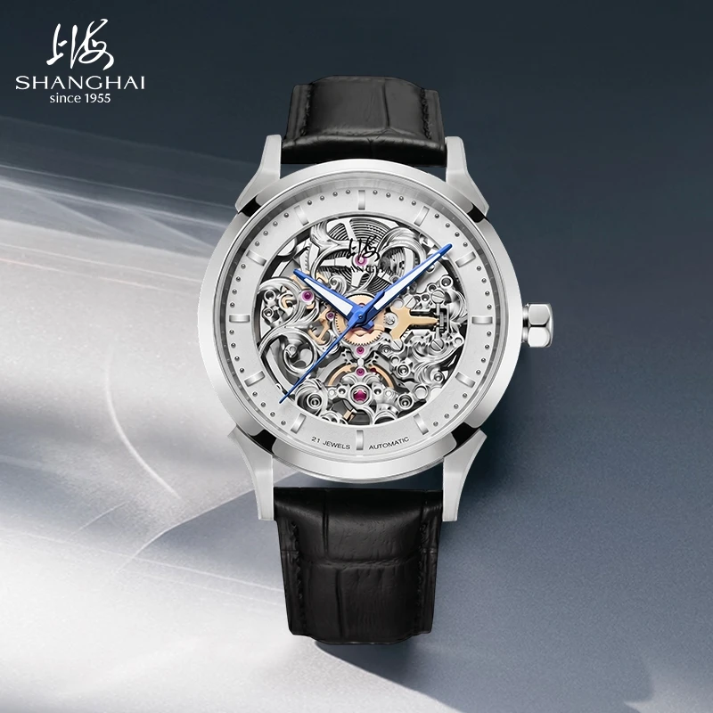 SHANGHAI 40mm Men's Watches Fashion Automatic Watch Openwork Dial Mechanical Clock 316L Stainless Steel Sapphire Crystal SH025