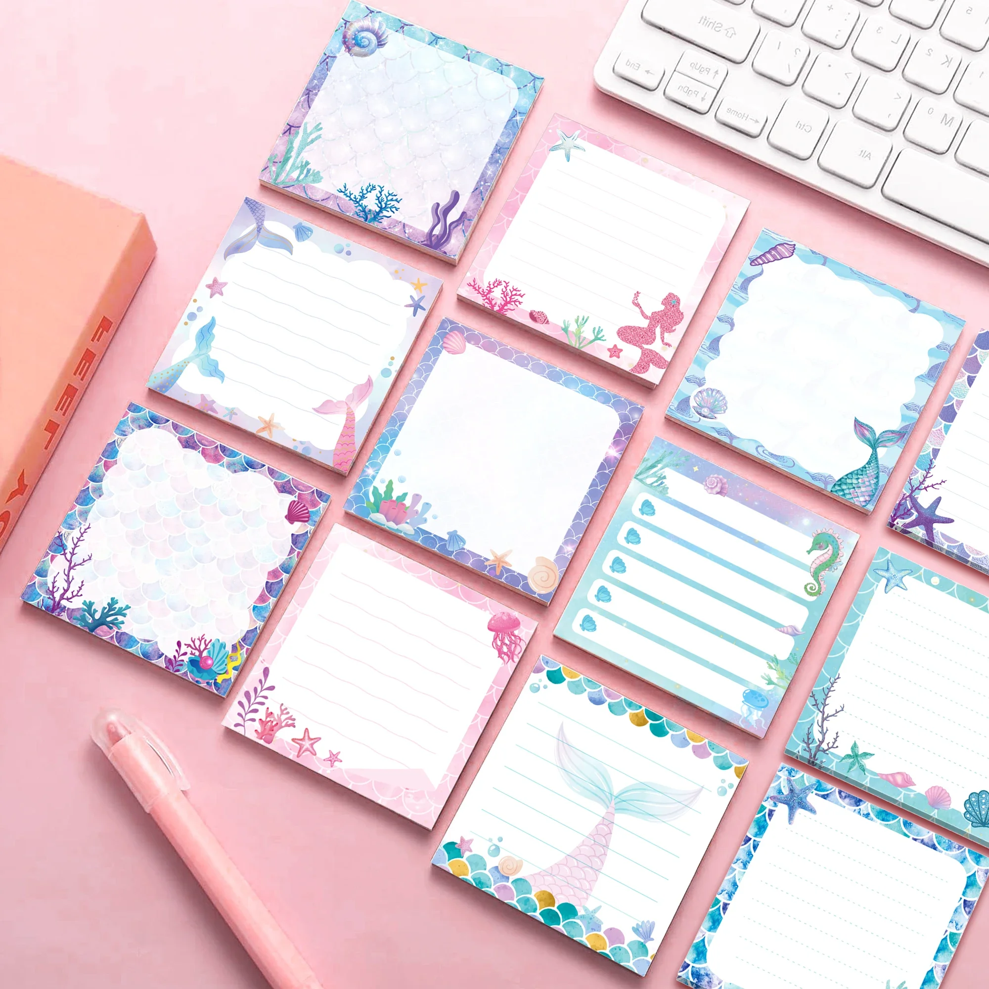 12/24pcs Mermaid Memo Note Pads, Mermaid Tail Scales Writing Sticky Notes, Under The Sea Girls Stationery Memo Pad Supplies