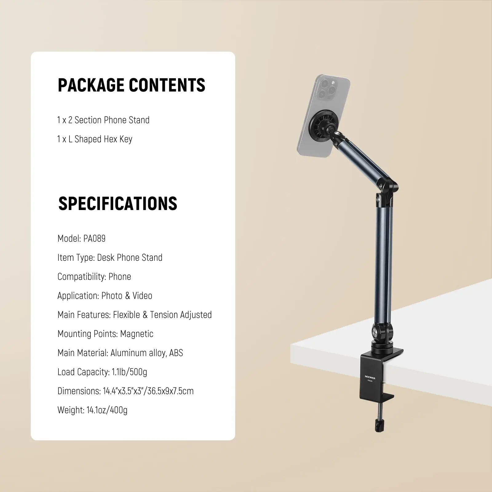 NEEWER Basics Magnetic Cell Phone Holder Stand Adjustable Overhead Desk Mount for MagSafe iPhone 16 15 Pro Max Plus 14 13 12